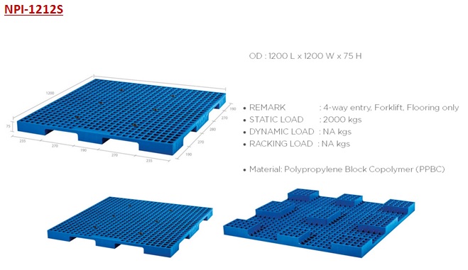 Pallet Plastik Type NPI-1212S adalah Pallet Plastik Baru Ukuran : 1200 x 1200 x 75 mm