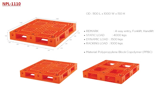 Pallet Plastik Type NPL-1110 adalah Pallet Plastik Baru Ukuran : 1100 x 1000 x 150 mm